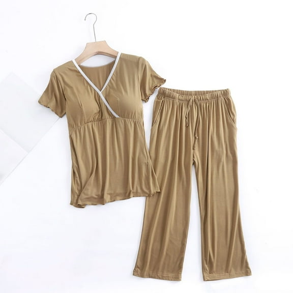 Joau Women's Postpartum Nursing Pajamas Set 2 Piece Maternity Outfits Short Sleeve V Neck Top & Cropped Pants Breastfeeding Pjs Sleepwear Pregnancy Loungewear Sets