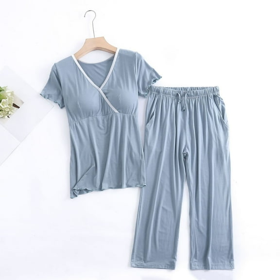 Joau Women's Postpartum Nursing Pajamas Set 2 Piece Maternity Outfits Short Sleeve V Neck Top & Cropped Pants Breastfeeding Pjs Sleepwear Pregnancy Loungewear Sets