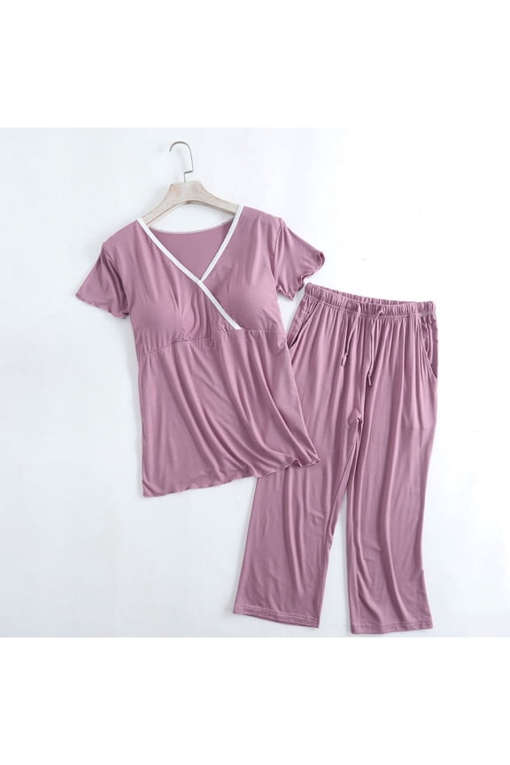 Women's Postpartum Nursing Pajamas Set 2 Piece Maternity Outfits Short Sleeve V Neck Top & Cropped Pants Breastfeeding Pjs Sleepwear Pregnancy Loungewear Sets