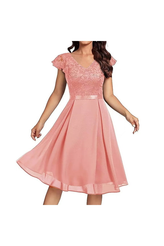 Purcolt Women's Retro Floral Lace Cocktail Dress V Neck A Line Swing Bridesmaid Midi Dress Vintage Elegant Wedding Guest Dress Homecoming Dresses