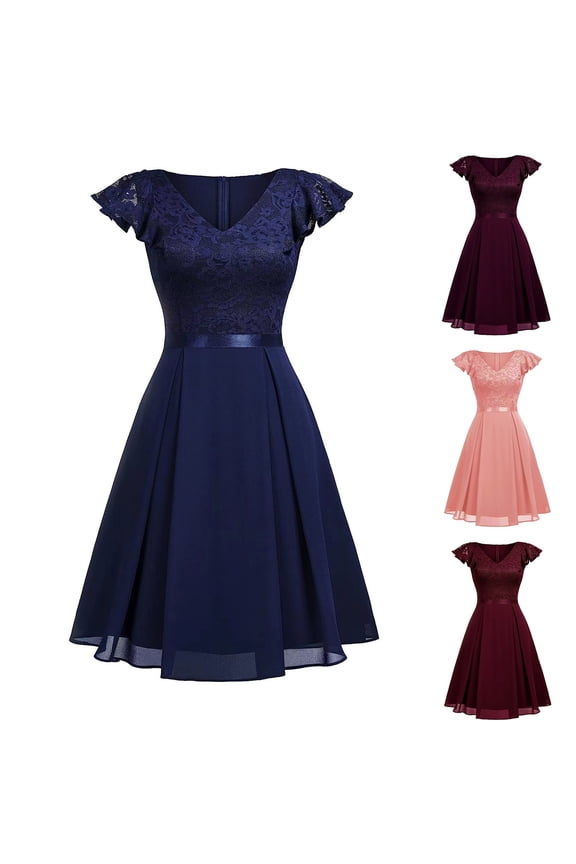 Purcolt Women's Retro Floral Lace Cocktail Dress V Neck A Line Swing Bridesmaid Midi Dress Vintage Elegant Wedding Guest Dress Homecoming Dresses