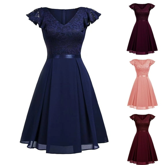 Purcolt Women's Retro Floral Lace Cocktail Dress V Neck A Line Swing Bridesmaid Midi Dress Vintage Elegant Wedding Guest Dress Homecoming Dresses