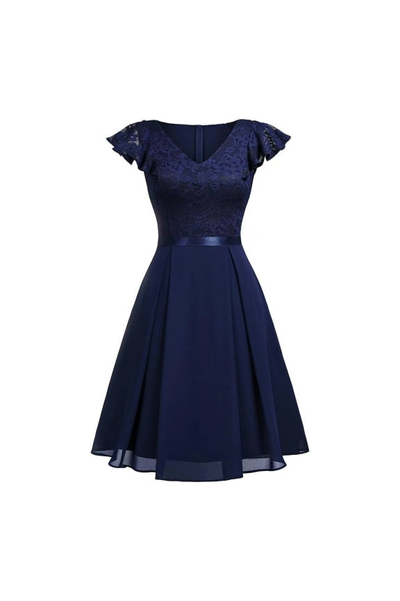 Women's Retro Floral Lace Cocktail Dress V Neck A Line Swing Bridesmaid Midi Dress Vintage Elegant Wedding Guest Dress Homecoming Dresses