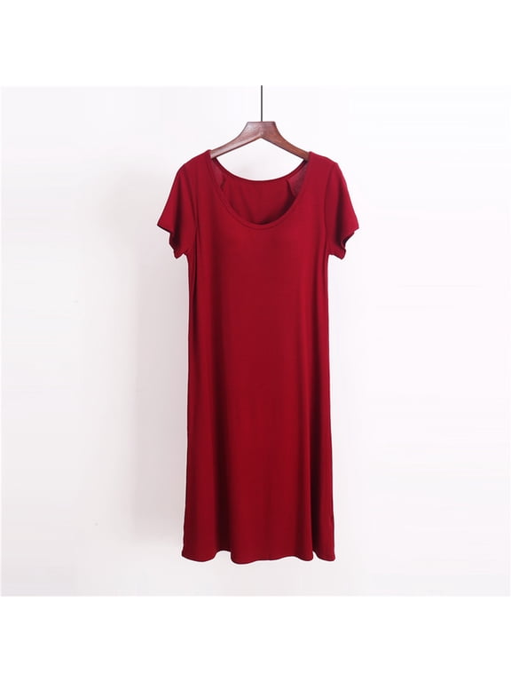 Women's Solid Color Pajamas Nightshirt Short Sleeve Spoon Neck Soft Comfy Sleepwear Nightgown Sleep Dress (Available In Plus Size)