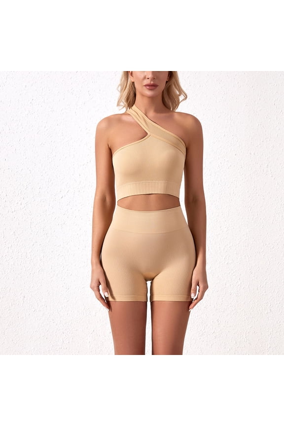 Workout Sets for Women Matching 2 Piece Seamless Ribbed Sports Bra One Shoulder Crop Top and High Waist Shorts Yoga Gym Tracksuits Outfits Active Set