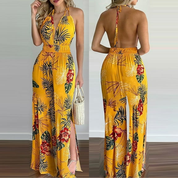 Joau Women's Summer Beach Jumpsuit Halter Neck Sleeveless Wide Leg Long Pant Jumpsuit Romper One Piece Backless Hawaiian Print Party Outfits
