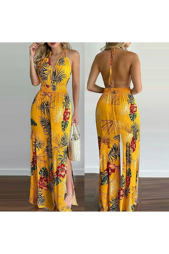 Women's Summer Beach Jumpsuit Halter Neck Sleeveless Wide Leg Long Pant Jumpsuit Romper One Piece Backless Hawaiian Print Party Outfits