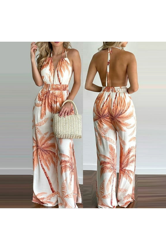 Women's Summer Beach Jumpsuit Halter Neck Sleeveless Wide Leg Long Pant Jumpsuit Romper One Piece Backless Hawaiian Print Party Outfits