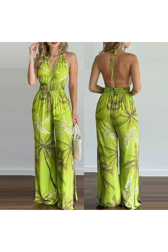 Women's Summer Beach Jumpsuit Halter Neck Sleeveless Wide Leg Long Pant Jumpsuit Romper One Piece Backless Hawaiian Print Party Outfits