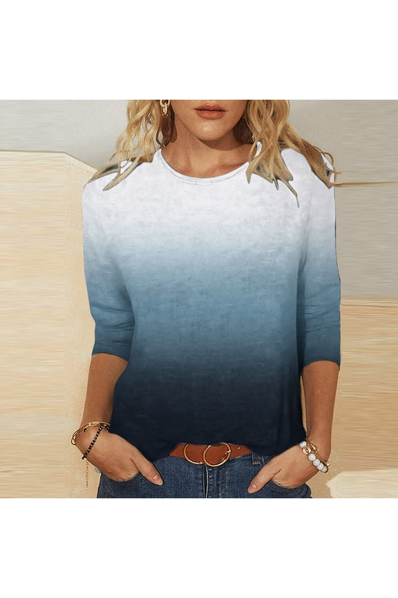 Women's Summer Gradient Color Three Quarter Sleeve Crewneck T Shirts Casual Tunic Tops Blouses Loose Pullover S-XXL