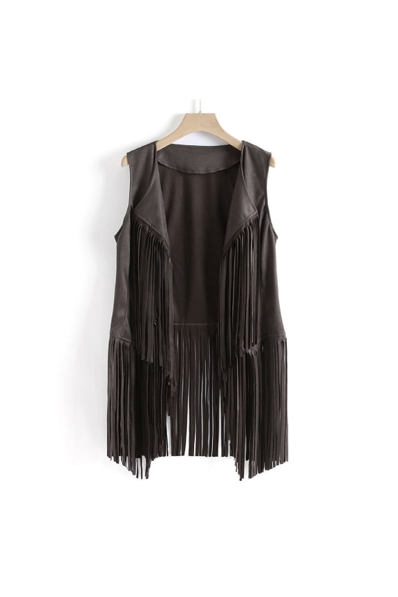 Women's Tassel Vest Faux Suede Ethnic Style Sleeveless Fringed Fall Cardigan Jacket Lapel Collar Open Front 70s Cowboy Draped Waistcoat Outerwear