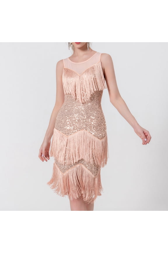 Women's Tassels Sparkly Sequin Flapper Dresses Mesh Sleeveless Mini Dress Evening Party Cocktail Dress Clubwear Latin Dance Ballroom Costumes