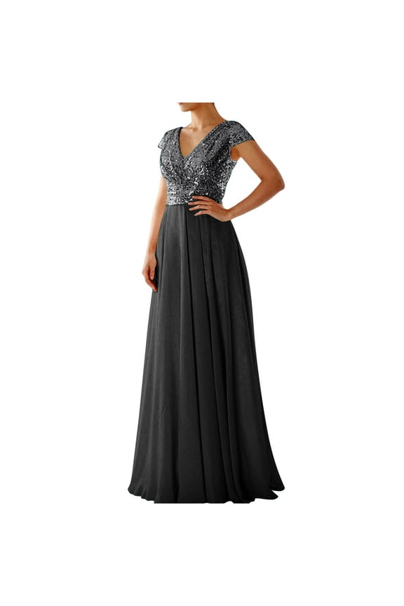 Women's V Neck Sparkly Glitter Sequin Chiffon Maxi Dresses Formal Gowns Wedding Guest Dresses Evening Party Cocktail Dress