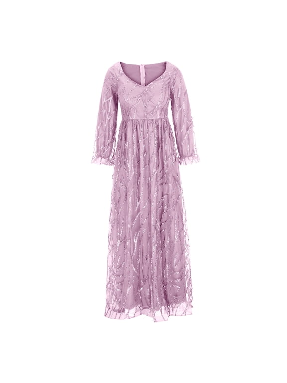 Womens V Neck Long Sleeve Sparkly Glitter Sequin Tulle Maxi Dresses Formal Gowns Wedding Guest Dresses Evening Party Cocktail Dress