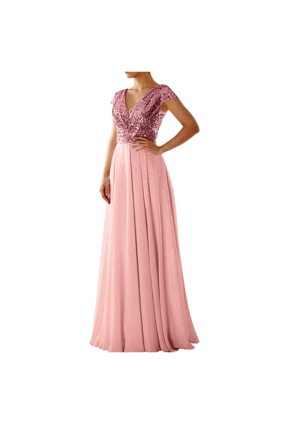 Women's V Neck Sparkly Glitter Sequin Chiffon Maxi Dresses Formal Gowns Wedding Guest Dresses Evening Party Cocktail Dress