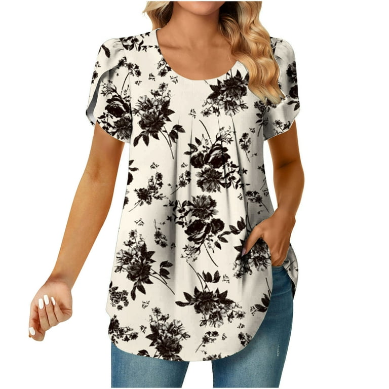 Joau Womens 2023 Summer T-Shirts Fashion Printed Round Neck Petal Short  Sleeve Tops Casual Loose Comfy Blouse on Clearance