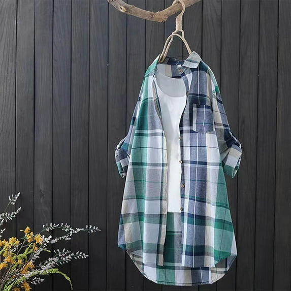 Joau Womens Button Down Oversized Plaid Shirt Casual Long Roll up Sleeve Loose Fit Laple Collared Work Long Blouse Tops with Pockets S-3XL