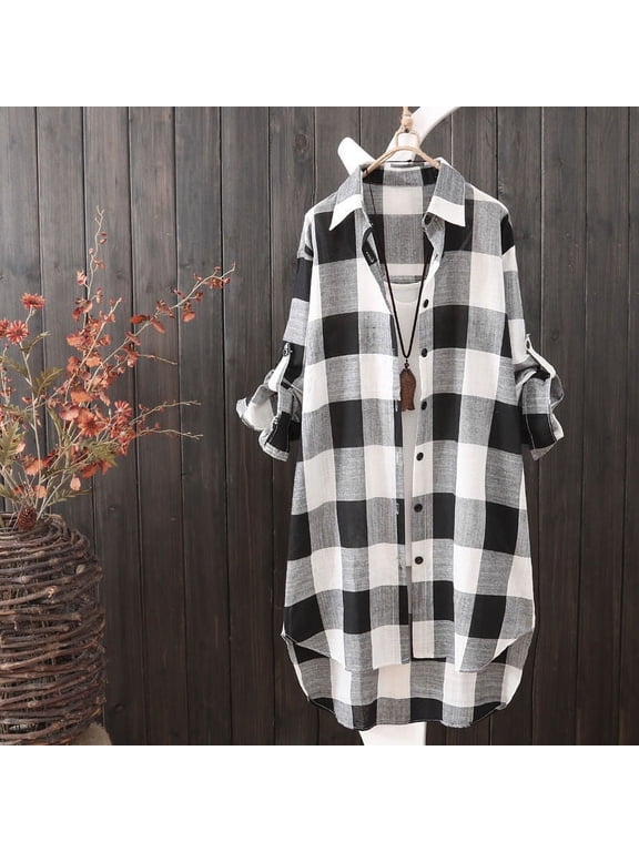 Womens Button Down Oversized Plaid Shirt Casual Long Roll up Sleeve Loose Fit Laple Collared Work Long Blouse Tops with Pockets S-3XL