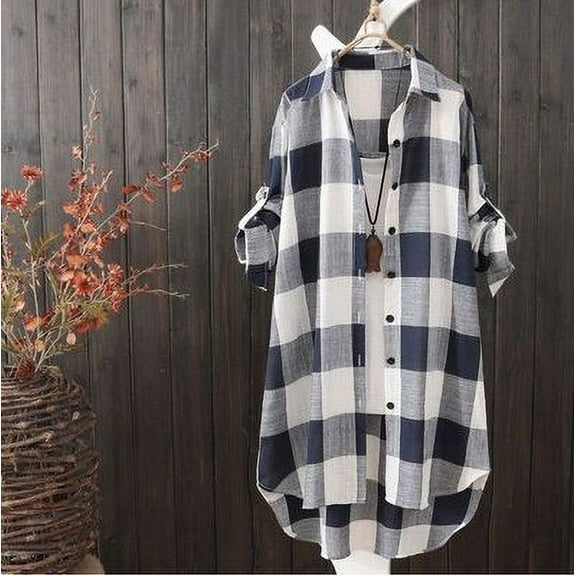 Joau Womens Button Down Oversized Plaid Shirt Casual Long Roll up Sleeve Loose Fit Laple Collared Work Long Blouse Tops with Pockets S-3XL