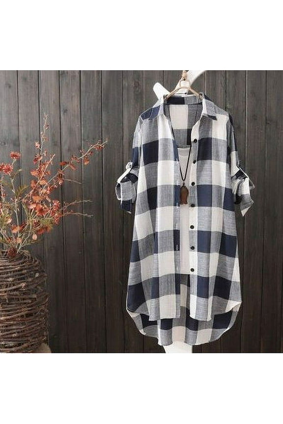Womens Button Down Oversized Plaid Shirt Casual Long Roll up Sleeve Loose Fit Laple Collared Work Long Blouse Tops with Pockets S-3XL