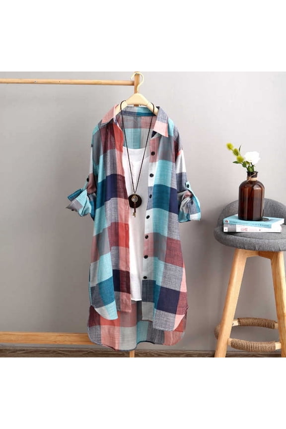 Womens Button Down Oversized Plaid Shirt Casual Long Roll up Sleeve Loose Fit Laple Collared Work Long Blouse Tops with Pockets S-3XL