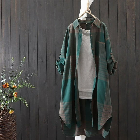 Joau Womens Button Down Plaid Oversized Shirt Casual Long Roll-up Sleeve Loose Fit Laple Collared Work Long Blouse Tops with Pockets S-3XL