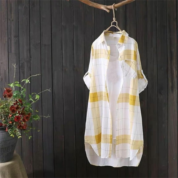 Joau Womens Button Down V Neck Plaid Oversized Shirt Casual Long Sleeve Loose Fit Laple Collared Work Long Blouse Tops with Pockets M-3XL