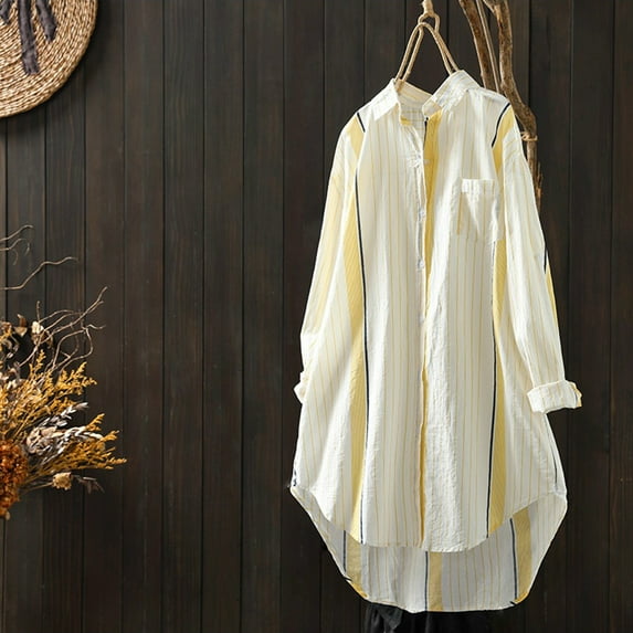 Joau Womens Button Down V Neck Striped Oversized Shirt Casual Long Sleeve Loose Fit Laple Collared Work Long Blouse Tops with Pockets M-3XL