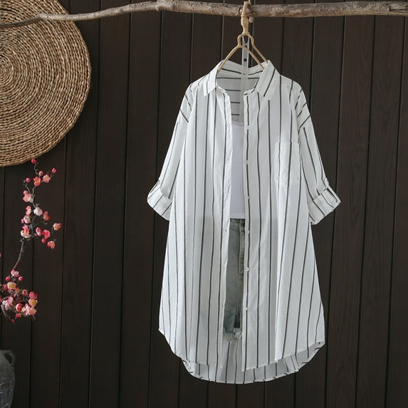 Joau Womens Button Down V Neck Striped Oversized Shirt Casual Long Sleeve Loose Fit Laple Collared Work Long Blouse Tops with Pockets S-3XL