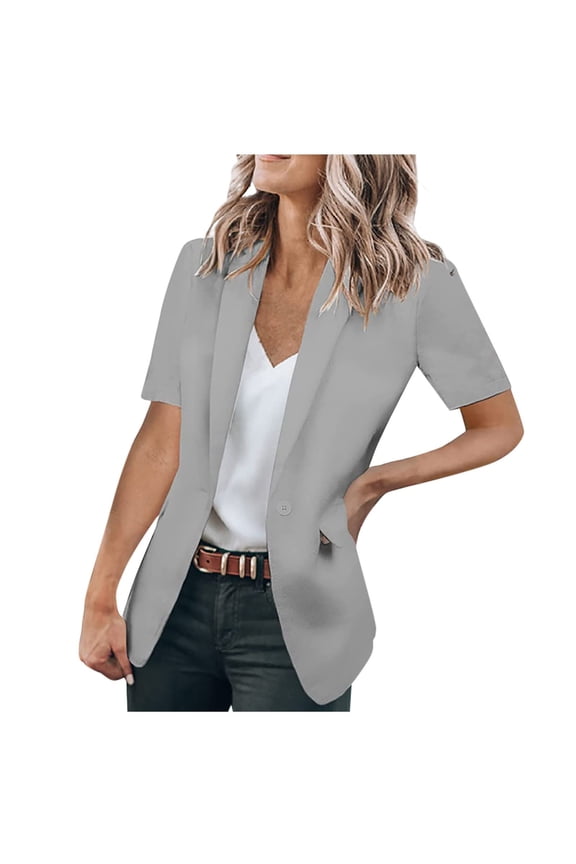 Womens Casual Blazer with Pockets Short Sleeve Open Front Lightweight Work Office Blazer Lapel One Button Suit Jackets Blazer