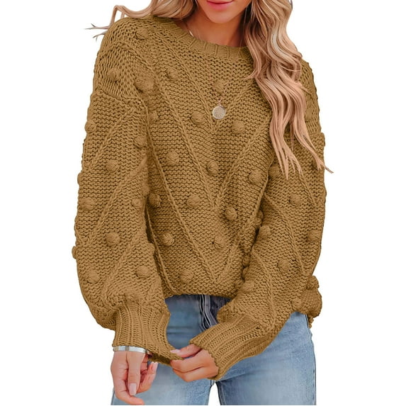 Joau Womens Casual Crochet Chunky Cable Knit Sweaters Long Sleeve Crewneck Lightweight Sweater Fall Winter Warm Loose Pullover Jumper Tops