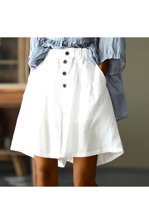 Womens Cotton Linen Casual Lightweight Baggy Shorts Elastic High Waist Wide Leg Comfy Shorts Summer Bermuda Shorts with Pockets