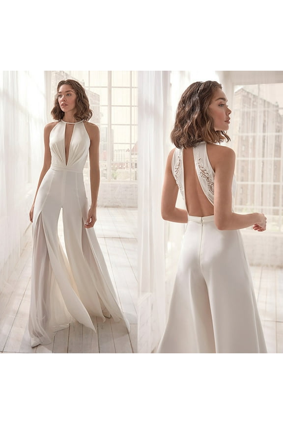 Womens Halter Jumpsuit Deep V Neck Backless High Waist One Piece Outfits Sheer Mesh Wide Leg Chiffon Cocktail Jumpsuit Romper Party Clubwear