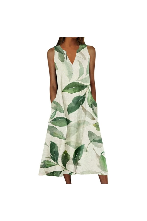 Womens Plus Size Floral Print V Neck Midi Dress Summer Casual Sleeveless Tank Dress Vacation Beach Sundresses with Pockets, S-5XL