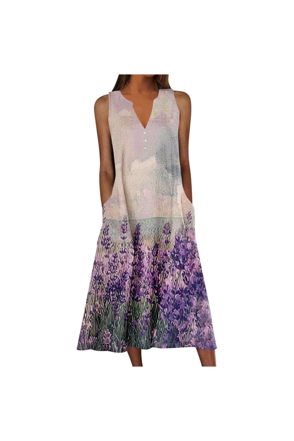 Womens Plus Size Floral Print V Neck Midi Dress Summer Casual Sleeveless Tank Dress Vacation Beach Sundresses with Pockets, S-5XL