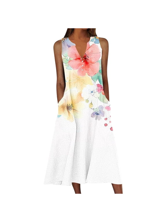 Womens Plus Size Floral Print V Neck Midi Dress Summer Casual Sleeveless Tank Dress Vacation Beach Sundresses with Pockets, S-5XL