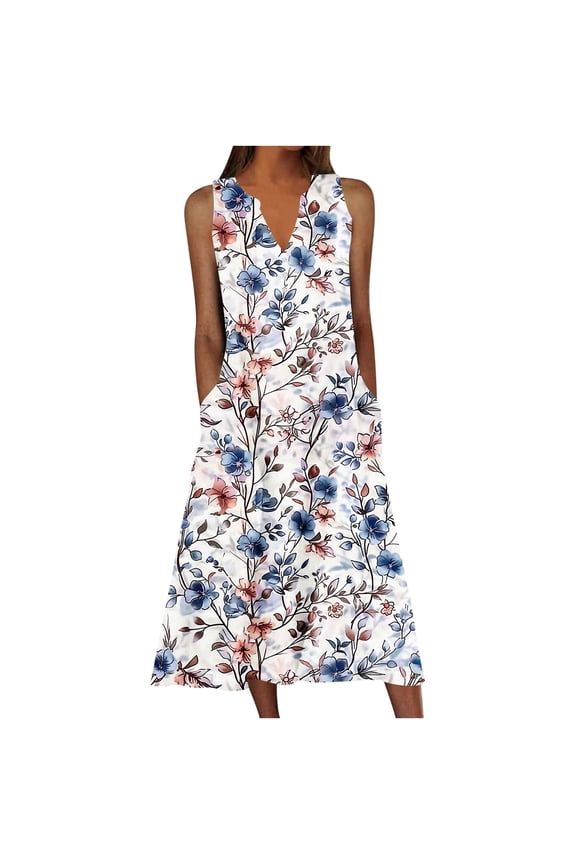 Womens Plus Size Floral Print V Neck Midi Dress Summer Casual Sleeveless Tank Dress Vacation Beach Sundresses with Pockets, S-5XL