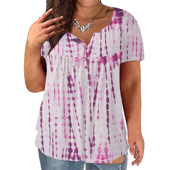 Joau Womens Plus Size Tops Casual Print Short Sleeve V Neck with Button Loose Tops T Shirt Blouse
