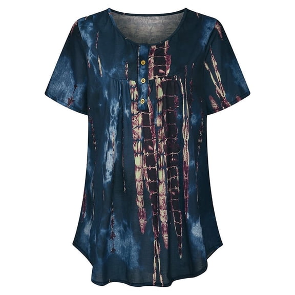 Horkkom Womens Plus Size Tops Casual Print Short Sleeve V-Neck with Button Loose Tops T-Shirt Blouse