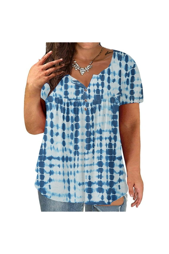 Womens Plus Size Tops Casual Print Short Sleeve V-Neck with Button Loose Tops T-Shirt Blouse