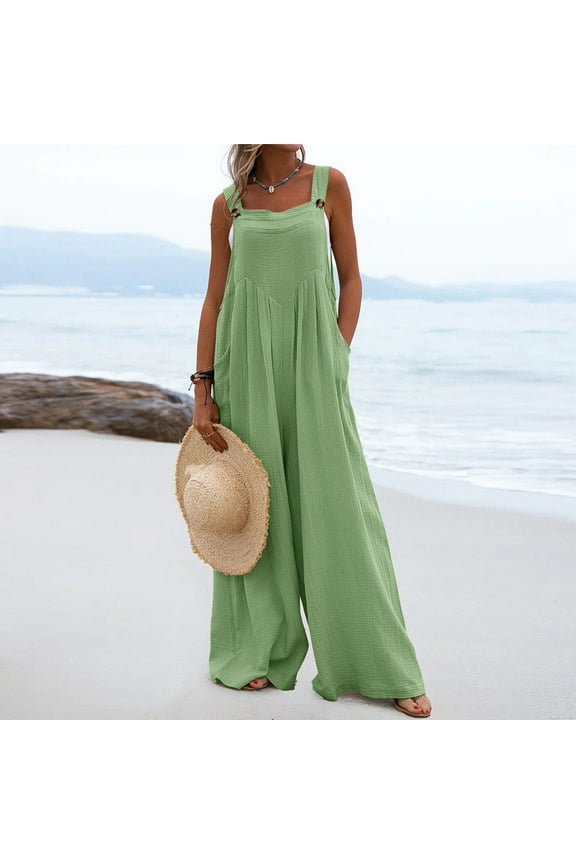 Womens Solid Sleeveless Wide Leg Overalls Cotton Linen Loose Fit Button Baggy Bib Jumpsuits Summer Casual Long Bib Pants Rompers with Pockets