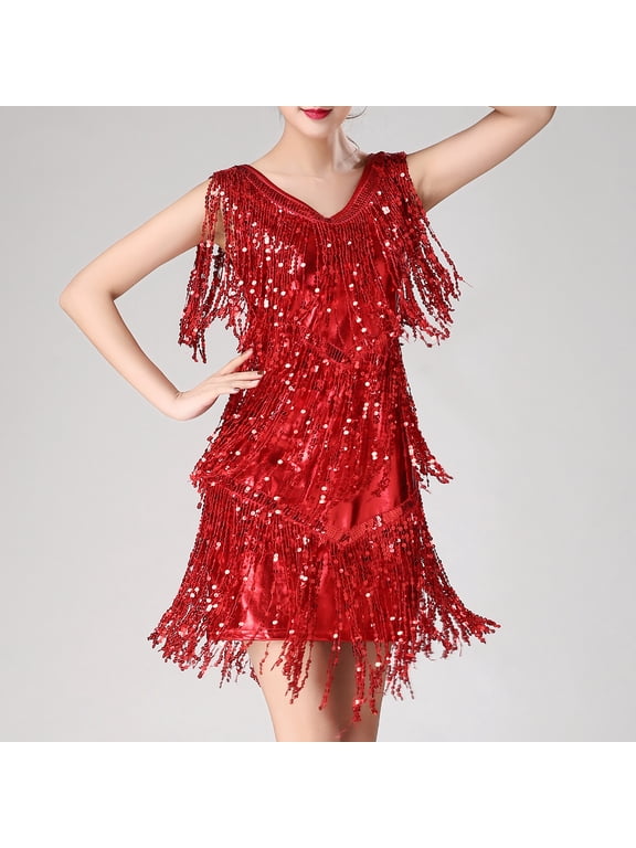 Womens Sparkly Sequin Tassel Fringe Flapper Latin Dance Dress V-Neck Bodycon Glitter Cocktail Dresses Evening Party Club Prom Mini Dress Ballroom Costumes