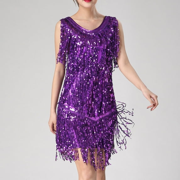 Joau Womens Sparkly Sequin Tassel Fringe Flapper Latin Dance Dress V-Neck Bodycon Glitter Cocktail Dresses Evening Party Club Prom Mini Dress Ballroom Costumes