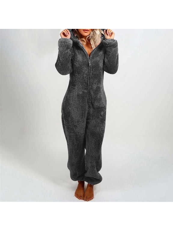 Womens Winter Fleece Hooded Onesie Jumpsuit, Winter Warm Adults One Piece Zip Up Cute Ear Thermal Pajamas Romper Bodysuit Loungewear