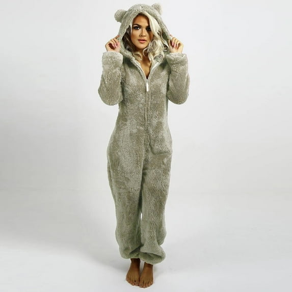 Joau Womens Winter Fleece Hooded Onesie Jumpsuit, Winter Warm Adults One Piece Zip Up Cute Ear Thermal Pajamas Romper Bodysuit Loungewear