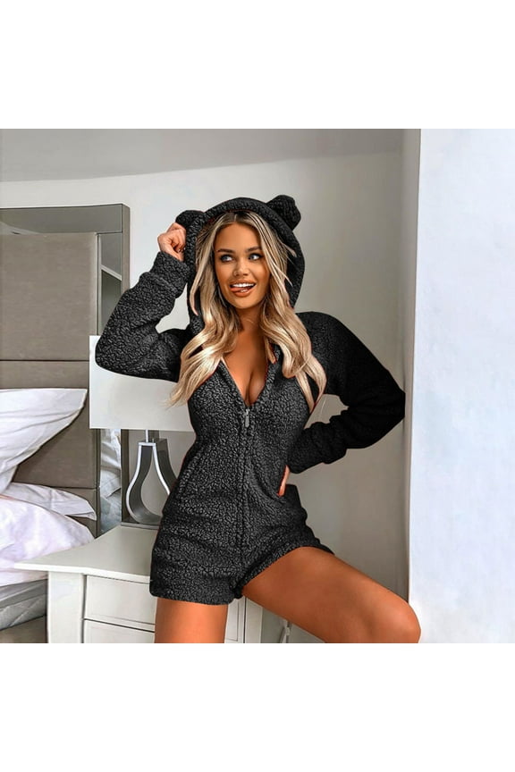 Womens Winter Fleece Hooded Short Onesie Jumpsuit with Pockets, Winter Warm Adults One Piece Zip Up Cute Ear Thermal Pajamas Romper Bodysuit Loungewear