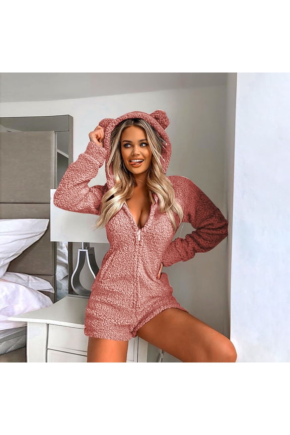 Womens Winter Fleece Hooded Short Onesie Jumpsuit with Pockets, Winter Warm Adults One Piece Zip Up Cute Ear Thermal Pajamas Romper Bodysuit Loungewear