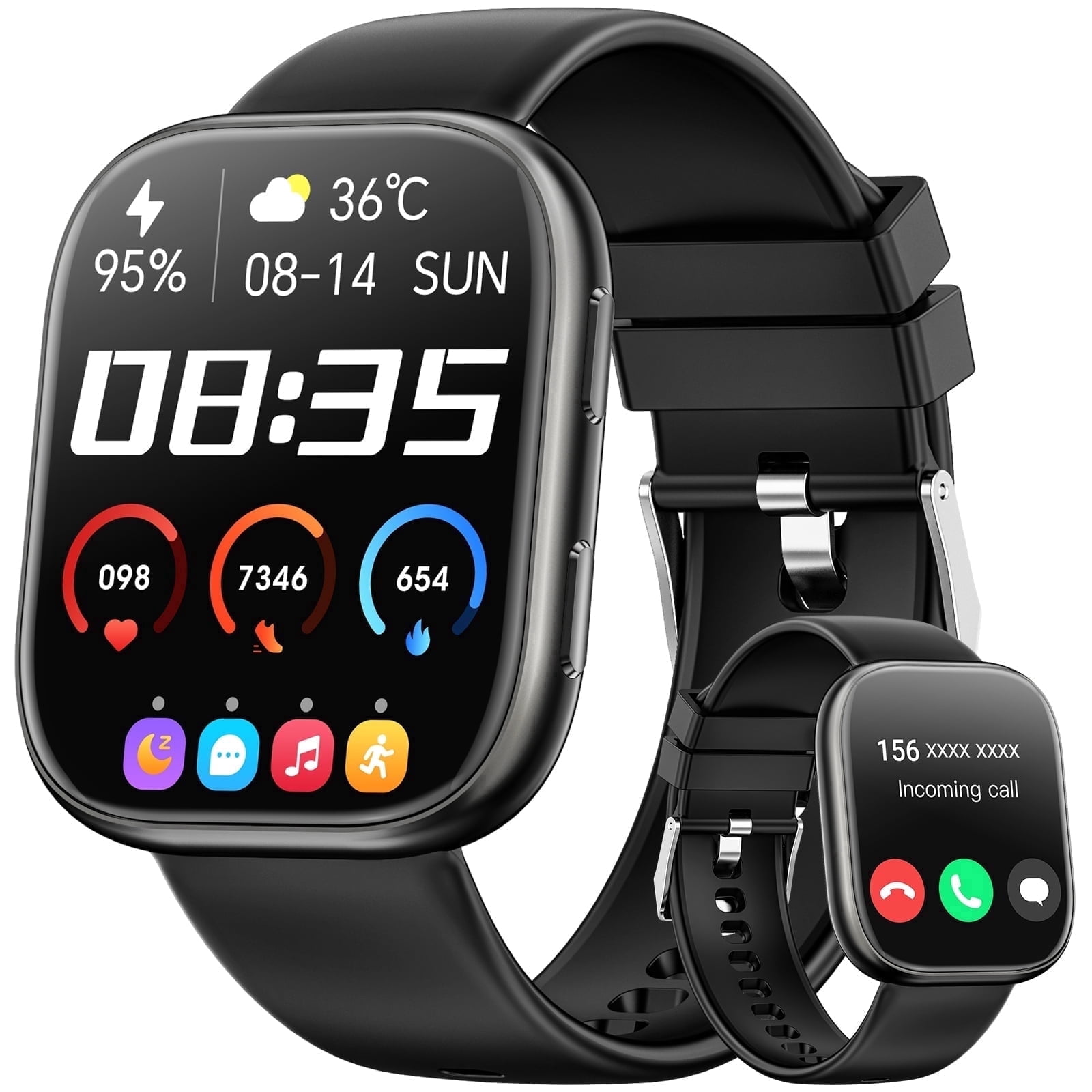 Smart Watch Fits for Android & iPhone, 1.85 inch Fitness Tracker, Men Womens Smartwatch with Make/Answer Calls/Message Reminder/100+ Sport Models, IP68 Waterproof Pedometer Watch, Perfect Gift, Black