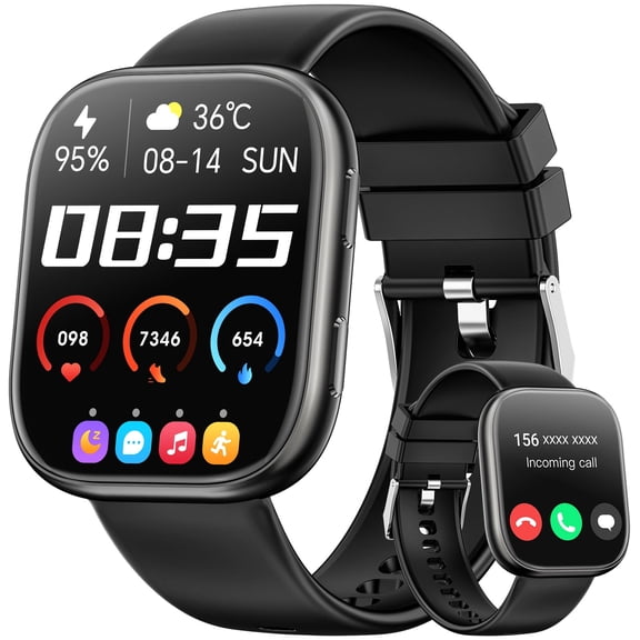 Smart Watch Fits for Android & iPhone, 1.85 inch Fitness Tracker, Men Womens Smartwatch with Make/Answer Calls/Message Reminder/100+ Sports Models, IP68 Waterproof Pedometer Watch, Perfect Gift, Blac