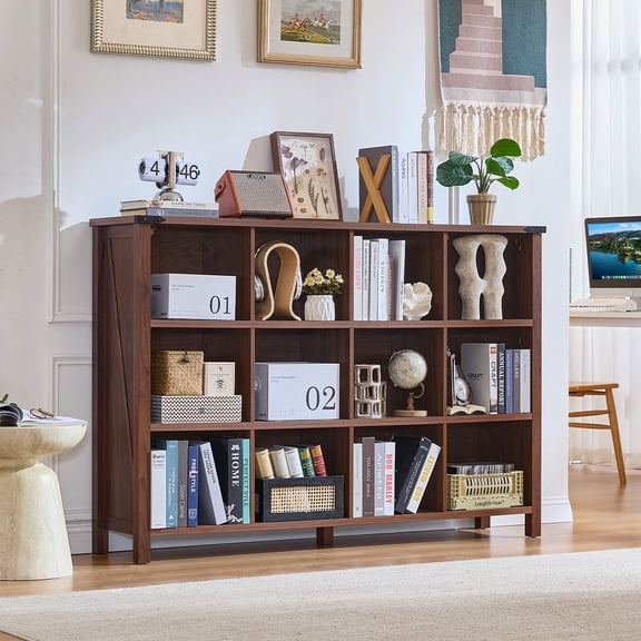 Joaxswe 12-Cube Bookcase & Storage Organizer, Thick Edges Horizontal Bookshelf Multipurpose Display Shelves for Home Office, Brown